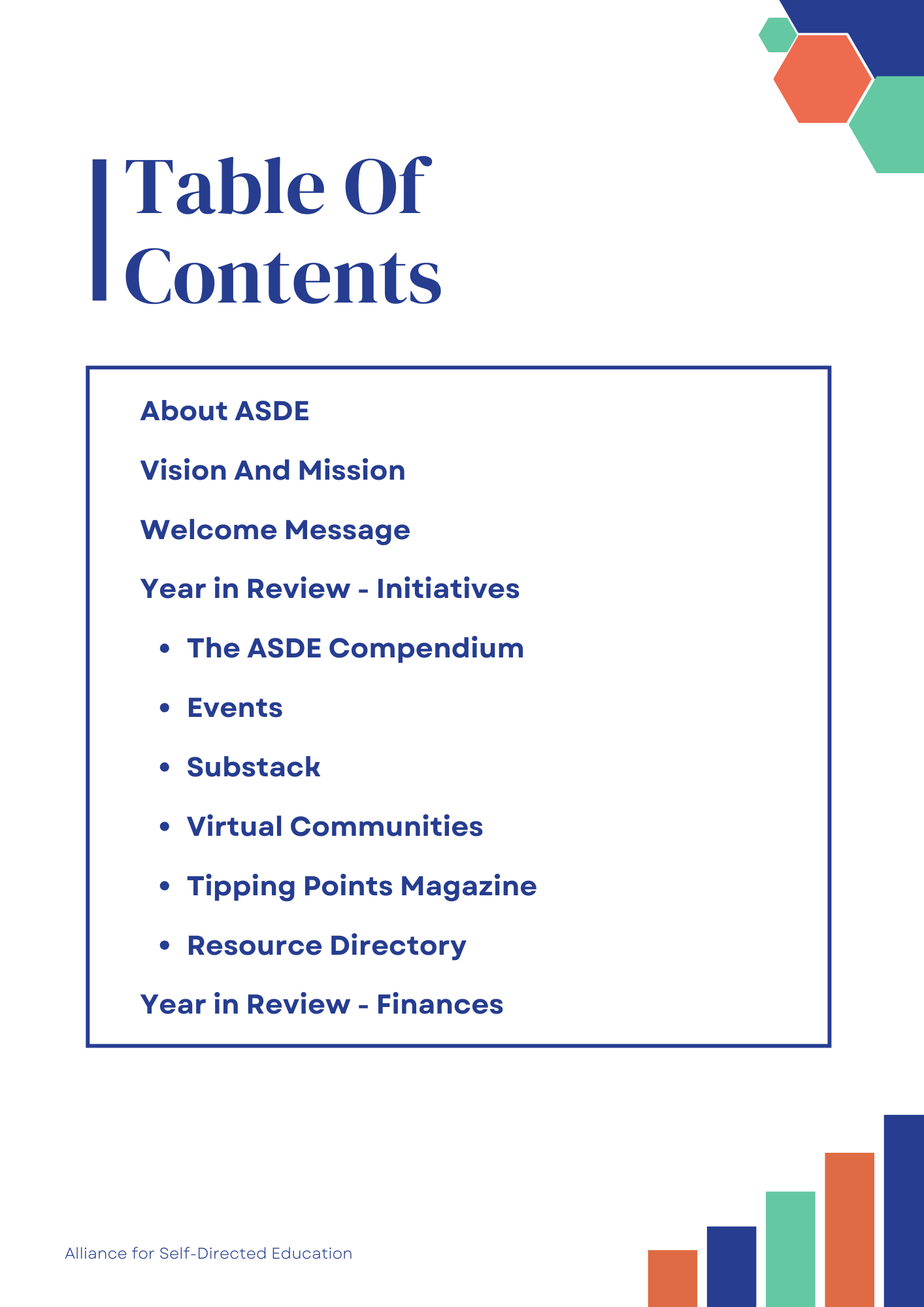 Table of Contents: About ASDE, Vision And Mission, Welcome Message, Year in Review - Initiatives: -The ASDE Compendium, -Events, -Substack, -Virtual Communities, -Tipping Points Magazine, -Resource Directory,
Year in Review - Finances